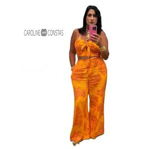 Caroline Constas 2 Pc Orange Multicolor Floral Crop Top & Wide Leg Pants Set